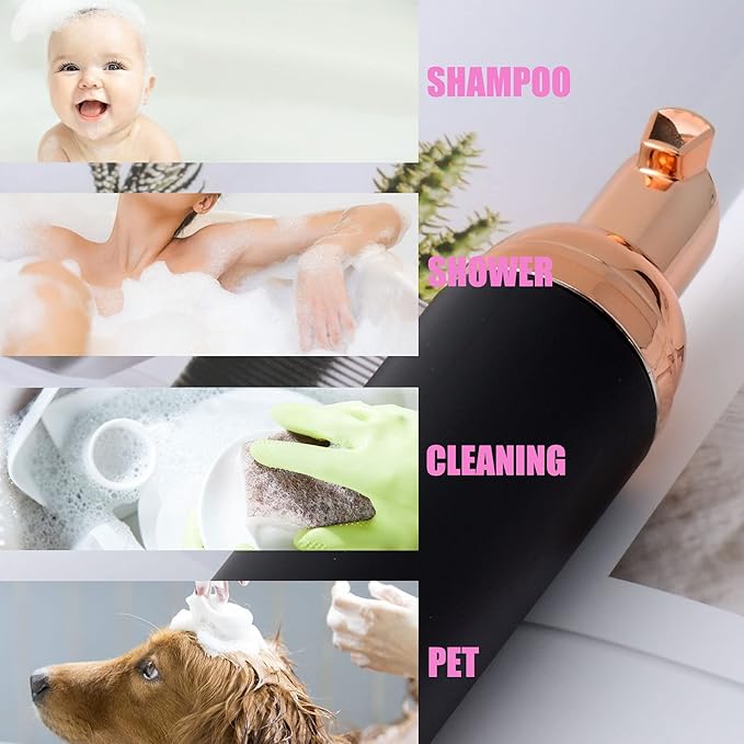 2 Oz Empty Foam Pump Bottle (12PCS) Travel Foaming Soap Dispenser for Hand Soap, Lash Shampoo Cleanser (Black&Rose Gold)