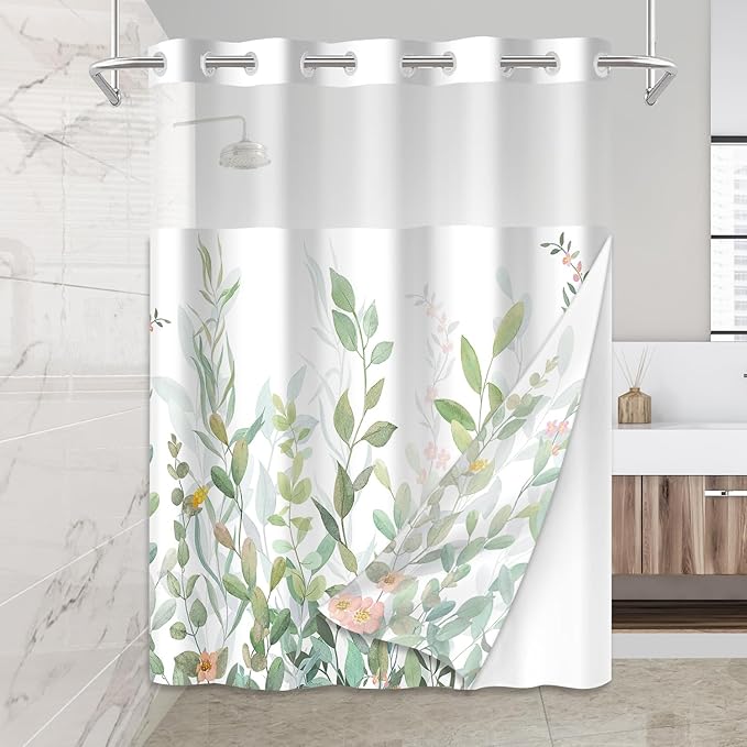 No Hook Shower Curtain Set with Snap in Fabric Liner for Bathroom,with See Through Top Window,Double Shower Curtain with Detachable Liner Replacement,Machine Washable,Green Leaves,71x74inch