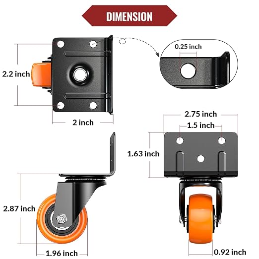 HOLKIE 2 Inch Side Mount Caster Wheels Set of 4, Heavy Duty L-Shaped Bracket - Image 2