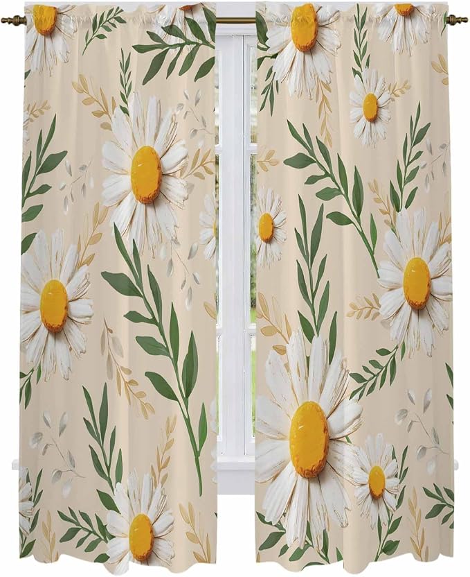 Spring Daisy Kitchen Curtains, Country Watercolor Flower Leaf Plant Light by Unknown