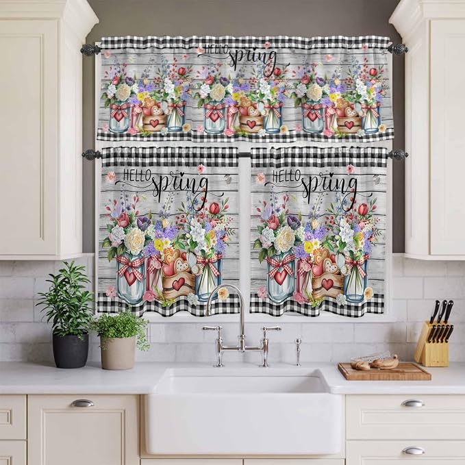 Spring Flowers Kitchen Curtain Set, Farmhouse Black Plaid Wood Grain Window - Image 3