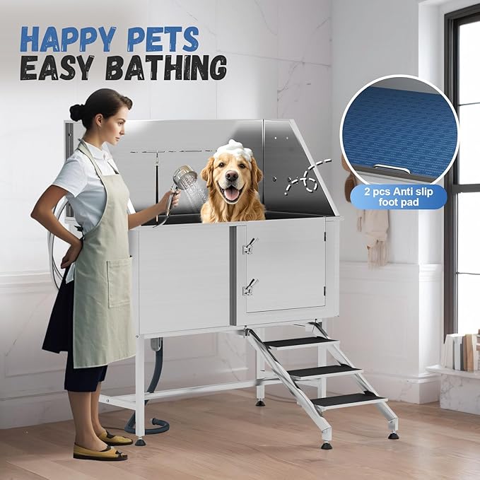 Albott 50-Inch Stainless Steel Pet Washing Station with Stairs, Dog Bath Tub 3-Speed Showerhead, Removable Grates, Easy to Clean, L-Size (Right)