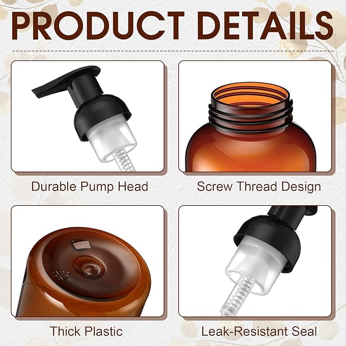 Uiifan 16 Pcs 10 oz Amber Foaming Soap Dispenser Refillable Foam Pump Bottle Liquid Plastic Container for Kitchen Bathroom Commercial Concentrated or Regular Shampoo Body Wash Dish Liquid Soap