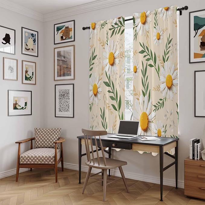 Spring Daisy Kitchen Curtains, Country Watercolor Flower Leaf Plant Light - Image 6