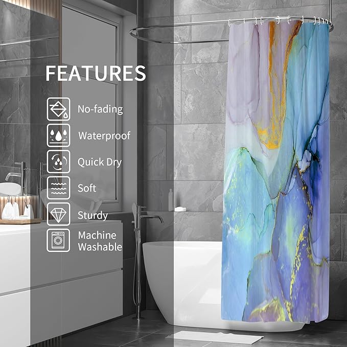 Gibelle Colorful Marble Shower Curtain, Abstract Blue Purple Jade Texture Gold Stripes Ombre Modern Ink Art Decor Waterproof Fabric Curtain for Bathroom Set, 72 x 72