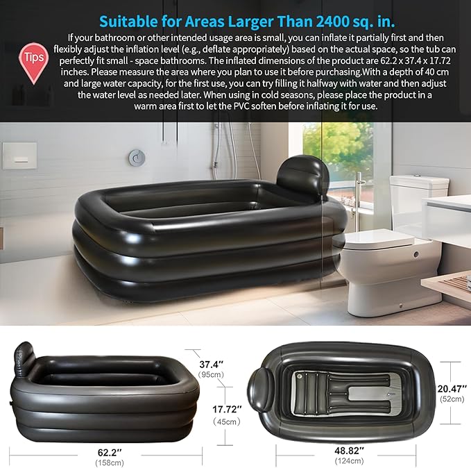 Portable Bathtub for Adults with Cover - Ice Bath & Hot Tub for Athletes Recovery, Home SPA - Large Inflatable Bathtub 62.2x37.4x17.72in, Includes Pump, Easy Inflate & Drain