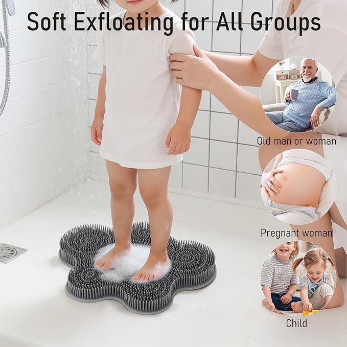Shower Foot Scrubber Mat Silicone Back Exfoliating Cleaner, Feet Message Bath Washer Pad with Suction Cups for Wall Non-Slip - Itchy Toes Dead Skin Beauty Deep Clean Soft Bristles 14.2 * 11.2in Grey