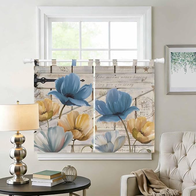 Blue Yellow Tulips Kitchen Curtains 45 Inch Length, Short Cafe Window Curtains - Image 2