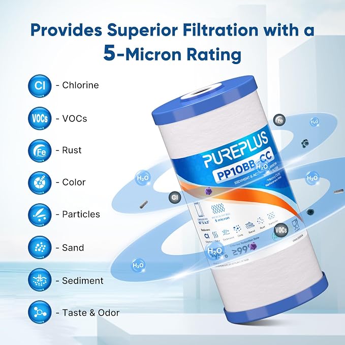 PUREPLUS 5 Micron 10" x 4.5" Whole House Sediment and Carbon Water Filter - Image 5