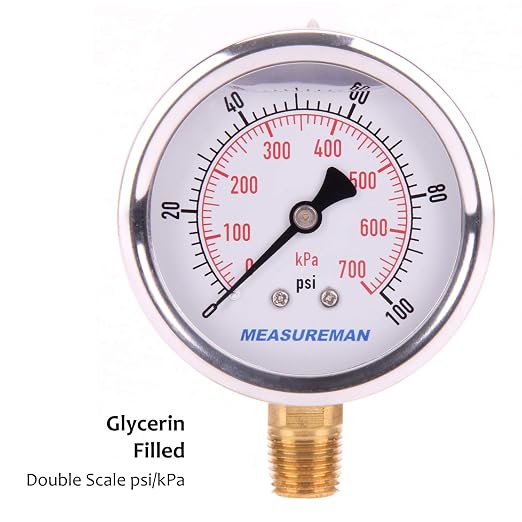 MEASUREMAN Pressure Gauge 1/4 NPT, 0-100psi/kPa Glycerin Filled Pressure Gauge - Image 2