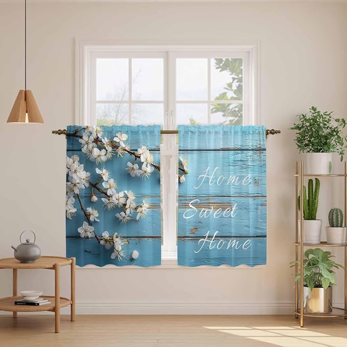 Farmhouse Wooden Grain Tier Curtains, Vintage Shabby Chic Flower Blue Light - Image 3