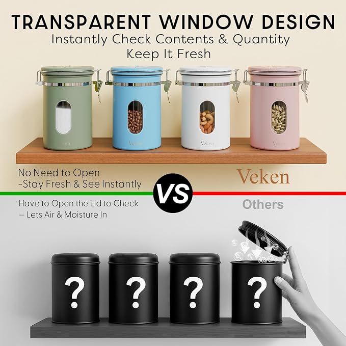 Veken Coffee Canister with Window, Airtight Stainless Steel Kitchen Food - Image 3