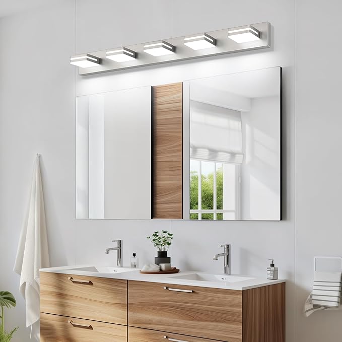 SineRise LED Modern Bathroom Vanity Light Fixtures (5-Light, 40-Inch), Brushed Nickel Modern Acrylic Bathroom Wall Lighting Fixtures Over Mirror (Cool White 6000K)