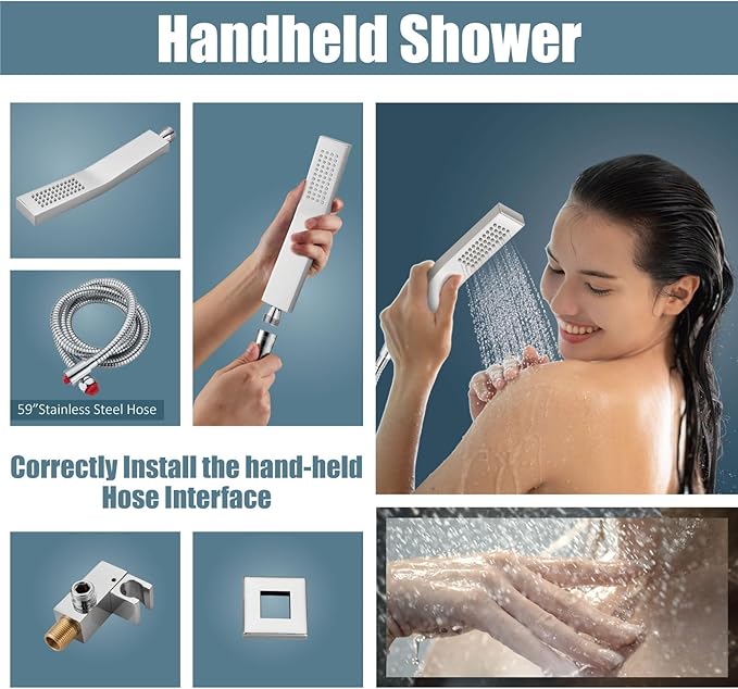 Aolemi Ceiling Mount Shower System Rain Shower Head with Handheld Spray High Pressure Shower Faucet Set Rough-in Valve Shower Trim Kit Included Bathroom Polish Chrome 12 Inch Ceiling Shower Head