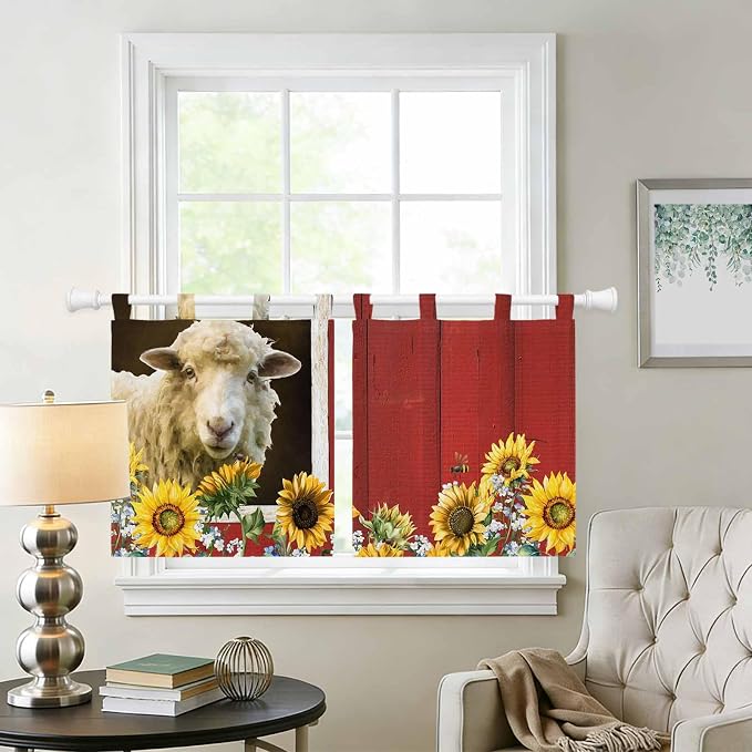 Sheep Flowers Kitchen Curtains 24 Inch Length, Small Window Curtains Tab Top - Image 2