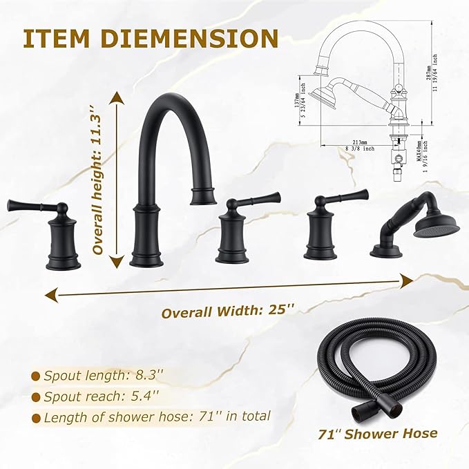 Matte Black Roman Bathtub Faucet Set 5 Hole Deck Mount, Classic Tub Filler with Handshower, High Flow Max 6.3 GPM, 360° Rotatable Spout, 3 Handles, Solid Brass Construction (B2309-BK)