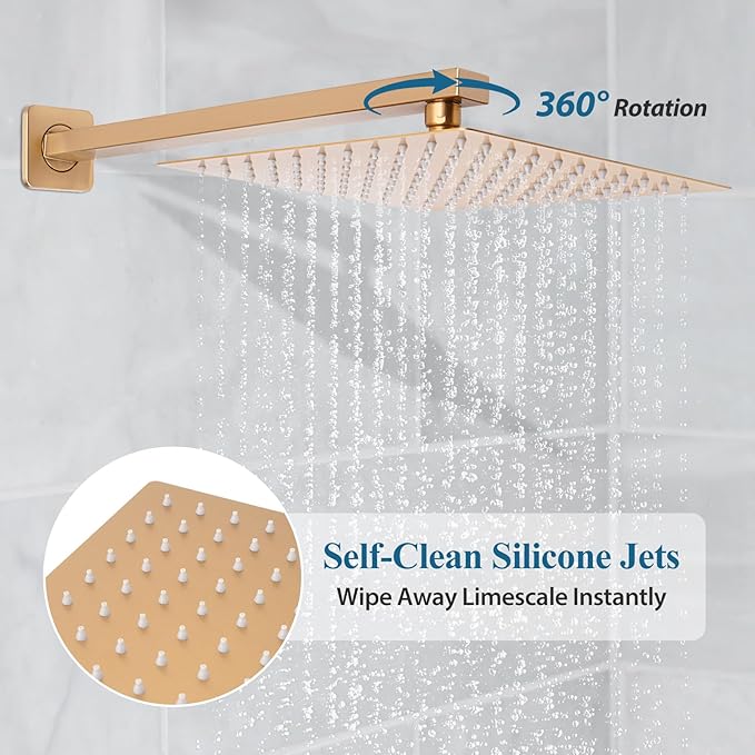 10 inch Square Shower Head and Handheld Set, Gasecoet Shower System with Tub Spout Wall Mounted Shower Faucet for Bathroom - Brushed Gold (With Shower Valve)