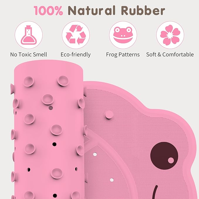 Bathtub Mat Non Slip, Shower Mat for Kids with Natural Rubber no Plastic Smells, Baby Bath Mat for Tub Non Slip with Strong Suction Cups, 30"x18", PVC-Free, Safe Comfortable Fun for Kids, Pink