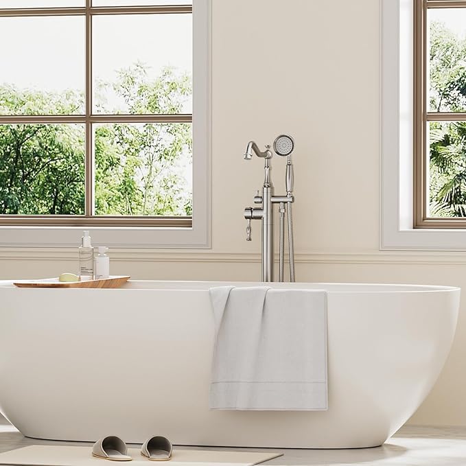 Brushed Nickel Bathtub Faucet Freestanding Tub Filler High Pressure Single Handle Bathtub Filler Floor Mounted Brass Bathroom Tub Faucets with Handheld Shower