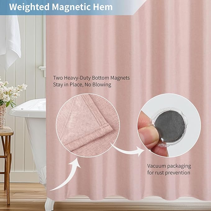 2-in-1 Waterproof Long Fabric Shower Curtain or Liner,Linen Textured,78 Inch Breathable TPU & Washable Bathroom Shower Curtain Set with 12 Plastic Hooks,Modern,72"x78" Blush