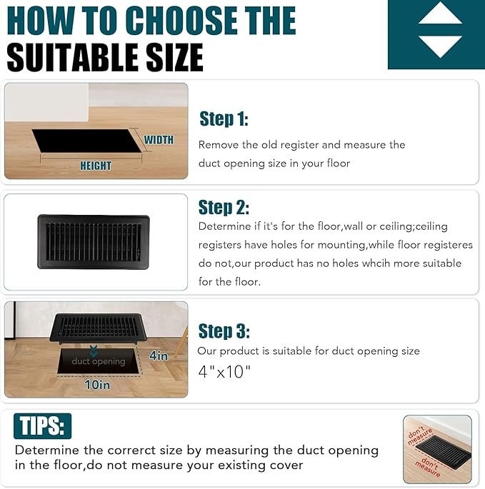 VOISEN Floor Register 4x10, 2 Pack Black Floor Vent Covers, Heavy Duty Steel - Image 4