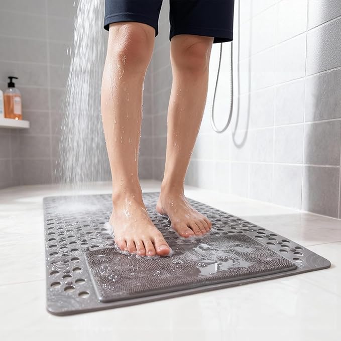 Bath Tub Shower Mat with Soft Shower Foot Scrubber Mat for Massage,Non Slip Bathtub Mat with Strong Suction Cups, Silicone Shower Foot Scrubber Mat (Gray, 35.4" X 23.6"(Rectangular))