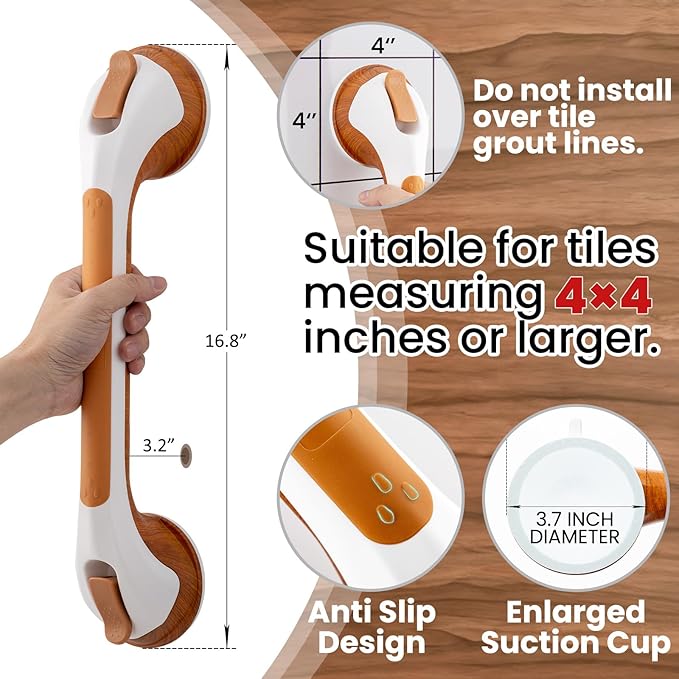 TAILI Shower Grab Bar 16 Inch Suction Cup Grab Bars for Bathroom, Removable Shower Safety Handle Heavy Duty Bathtub Grip for Seniors & Elderly, Strong Handrails No Drilling Waterproof, Wood Grain