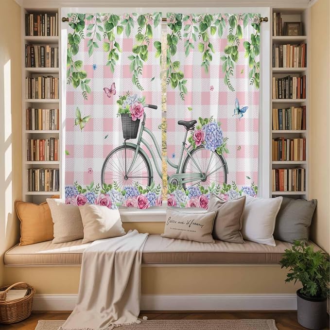 Spring Kitchen Curtains, Bicycles Leaves Butterfly Flowers Pink Buffalo Plaid - Image 3