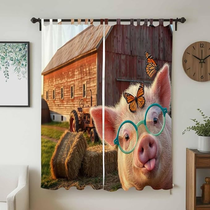 Farm Pig Living Room Curtains 84 Inch Length, Window Curtains Tab Top, - Image 2