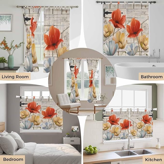 Retro Floral Kitchen Curtains 24 Inch Length, Small Window Curtains Tab Top - Image 7