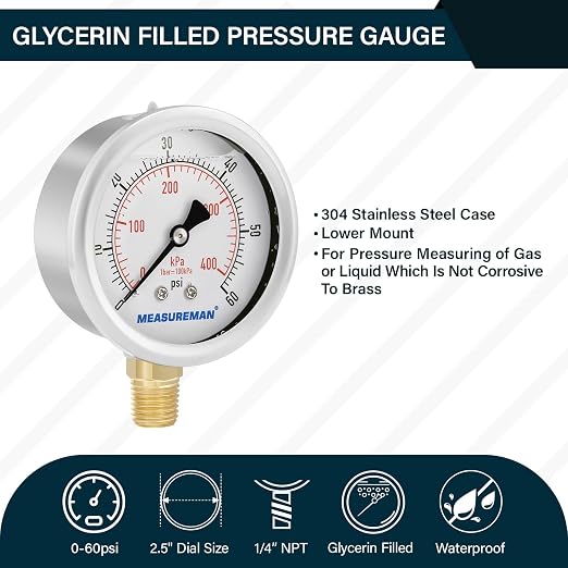 MEASUREMAN 2-1/2inch Dial Size, Liquid Filled Pressure Gauge, 0-60psi/kpa - Image 2