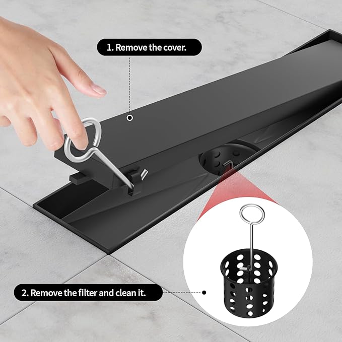 Linear Shower Drain, 304 Stainless Steel with Adjustable Leveling Feet, Hair Strainer,Reversely Install Place to Create an Invisible Floor Drain- Black -12-Inch