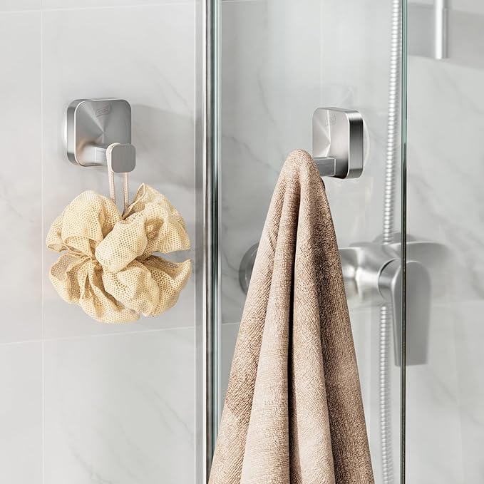 TAILI Thickened 304 Stainless Steel Bathroom Suction Hook for Towel, Loofah, Bathrobe, Patented Strong Suction Cup Holder, Damage-free Hanging Glass Shower Wall Hook, Hold Up to 11 Lbs, 2 Pack, Silver