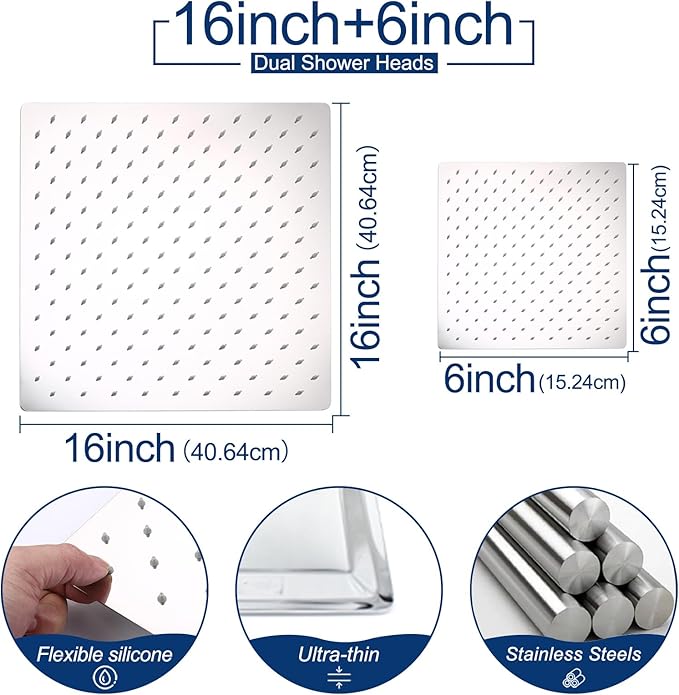 Thermostatic Shower System three Shower Heads with 16" Ceiling Mounted Rain Shower Head & 2 x 6" Wall Mounted Head 4 Function Full Body Shower System Can All Run Together, Chrome