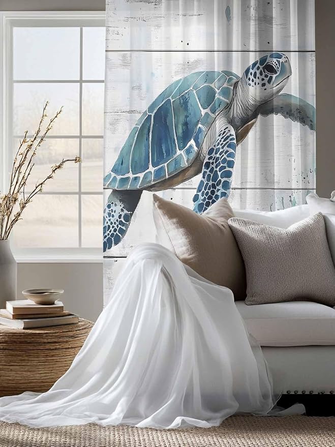 Sheer Curtains 63 Inch Length, Teal Green Sea Turtle Semi Sheer Curtains Light - Image 4