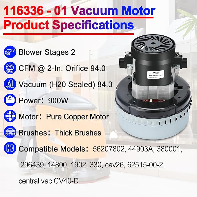 116336-01, 116336-00 120V Vacuum Motor, 2 Stage, High Efficiency, Strong Suction - Image 4