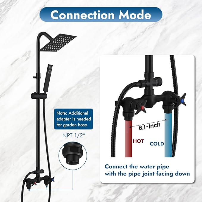 Wall Mounted Outdoor Shower System Matte Black 6" Square Rainfall Shower head with Hand Held Spray Double Cross Handles with Adjustable Slide Bar Two Function Exposed Shower Kit