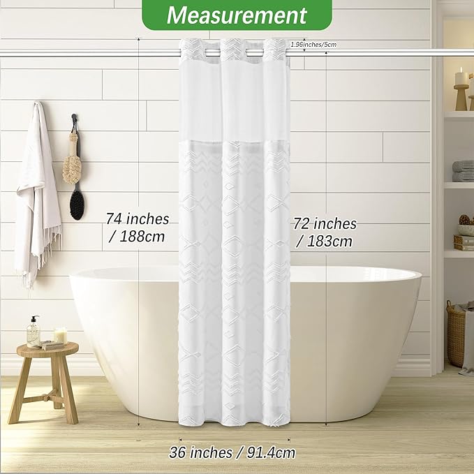 No Hooks Stall Shower Curtain with Snap in Liner- Water Repellent Tufted Chevron Striped Shower Curtains for Bath Tubs, Narrow Hotel Quality Bath Curtain Set, 36Wx74H, White