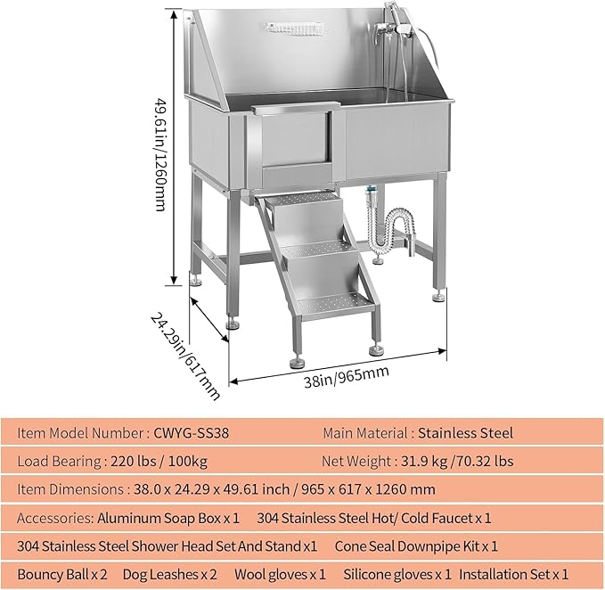 38" Professional Dog Wash Station, Stainless Steel Dog Grooming Tub for Large, Medium & Small Pets - with Anti-Slip Stairs, Drain & Door, Silver
