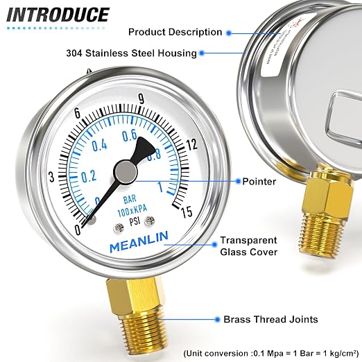 MEANLIN MEASURE 0~15Psi Dry Low Pressure Gauge Stainless Steel 1/4" NPT 2" FACE - Image 4