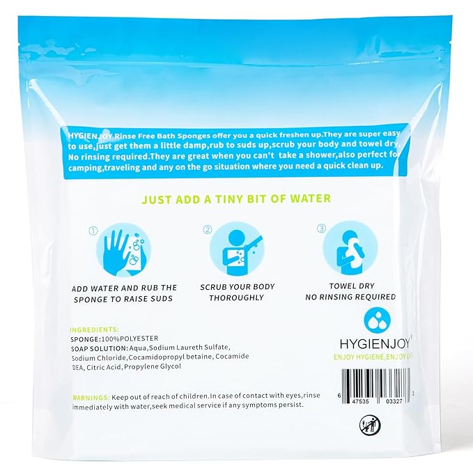 HYGIENJOY-21% Larger,No Rinse Bathing Wipes for Adults-Rinse Free Bath Sponges,Soap Infused,Dry Shower Wipes for Elderly,For Camping,Hiking,GYM,Post Surgery Must Haves, (25 Counts)
