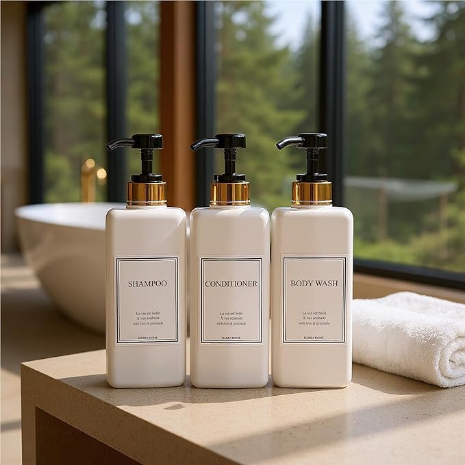 Modern Gold Design Pump Bottle Set 27 oz Refillable Shampoo and Conditioner Dispenser Empty Shower Plastic Bottles with Pump for Bathroom Lotion Body wash Massage Oils, Pack of 3 (Black)
