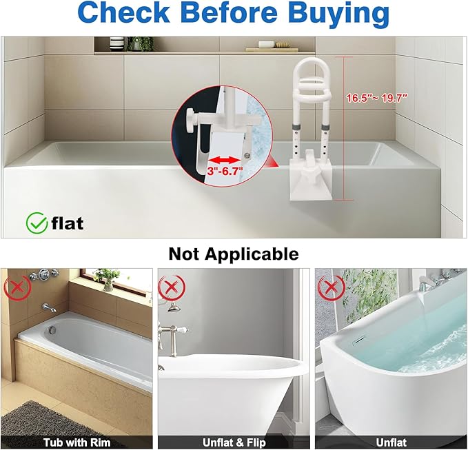 Adjustable Bathtub Safety Rail, Shower Grab Bars Handle with Non-Slip Handle for Seniors, Elderly, and Disabled, Fits 3"–6.7" Tub Walls, Supports 300 lbs, Bathroom Safety Bars