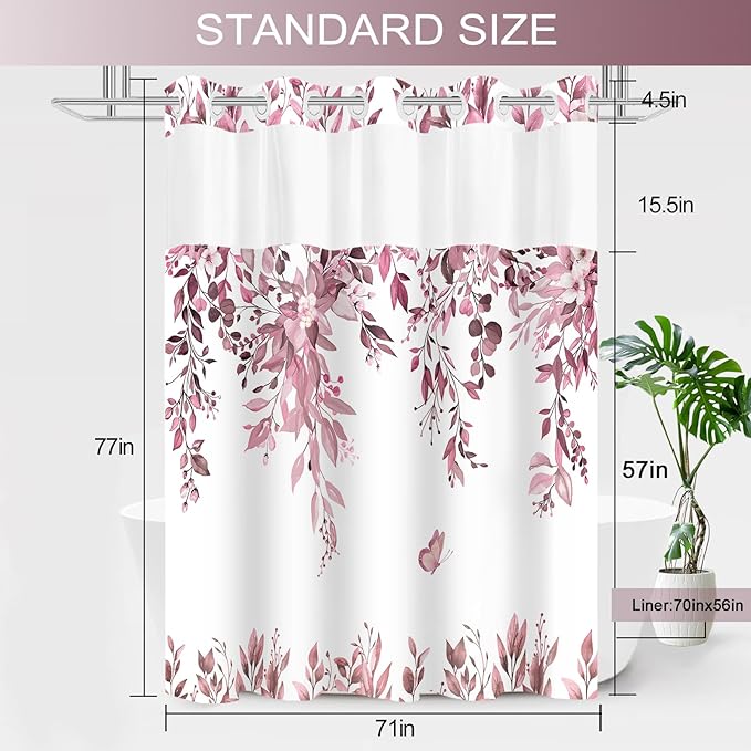 No Hook Shower Curtain and Liner Set, Dark Red Eucalyptus Floral Shower Curtains for Bathroom, Bath Curtain Sets with Snap in Liner, Waterproof with See Through Top Window, 71x77 Inches