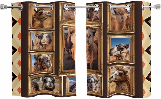 2 Panel Kitchen Cafe Curtains, Wildlife Camels Sunlight Filtering Nature Air by Hokiten