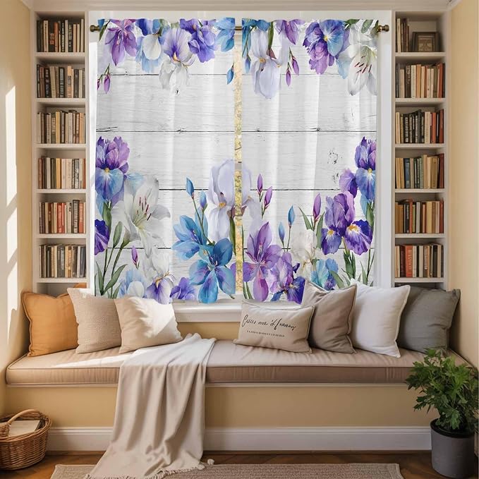 Spring Flowers Kitchen Curtains, Watercolor Garden Florals Wooden Grain Light - Image 3
