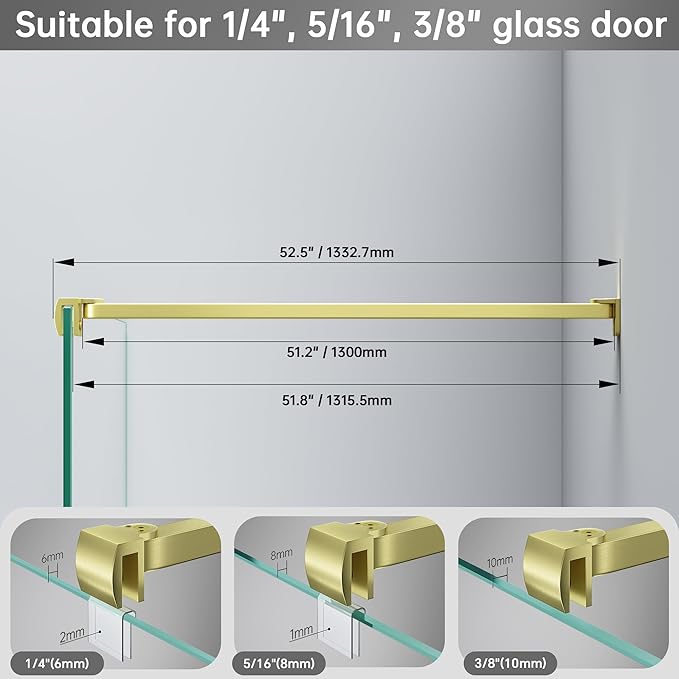 Frameless Shower Door Support Bar, Stainless Steel Wall-to-Glass Support Arm to Fixed Shower Glass Panel, for 1/4"-3/8" (6-10 mm) Door, 180° Pivot & Stow-Flat Mode (Brushed Gold, 51.2-inch(1300mm))