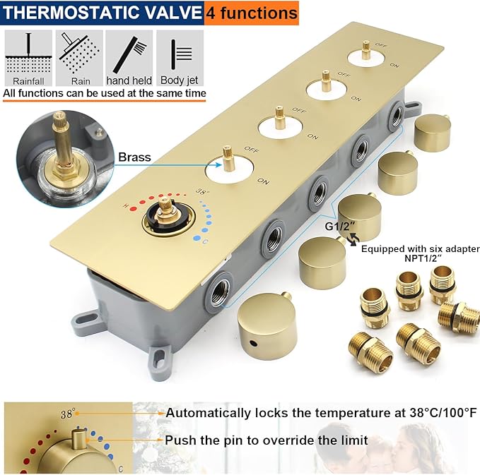 Thermostatic Shower System with 14x20 Inch Ceiling Mount LED Head & 6 Inch Wall Head and Handheld Shower 4 Function Vale with body jets Can All Run Together,Brushed Gold