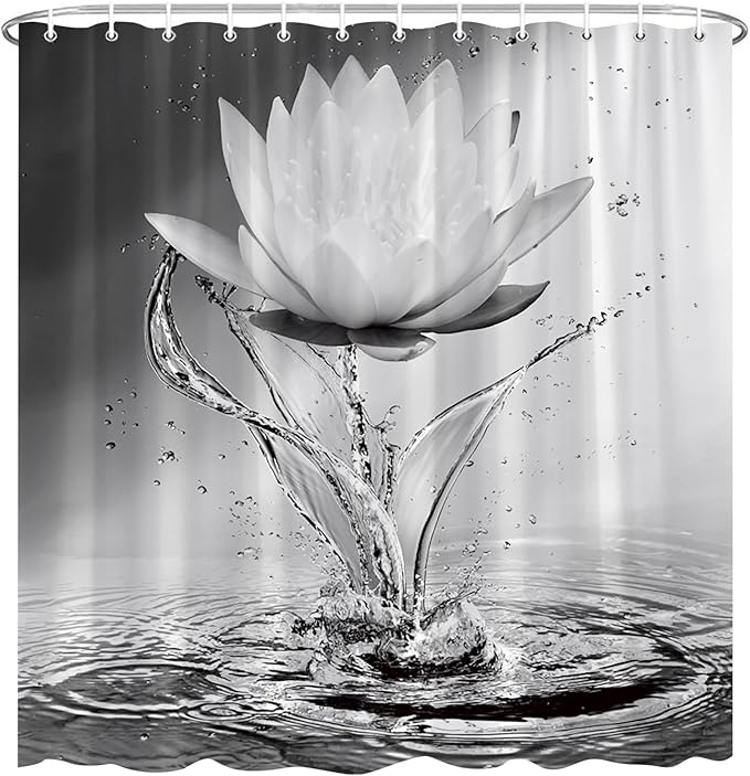 Lotus Shower Curtain Black White Grey Flower Elegant Blooming Floral with Dew Spring Flower Reflection on Water Modern Romantic Polyester Fabric Bathroom Decor 60×70 Inch with Hook