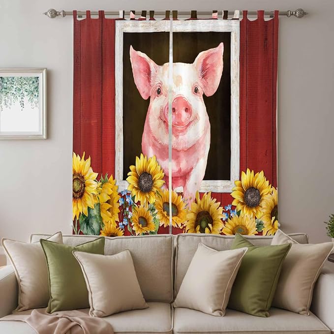 Pigs Sunflowers Living Room Curtains 96 Inch Length, Window Curtains Tab Top - Image 3